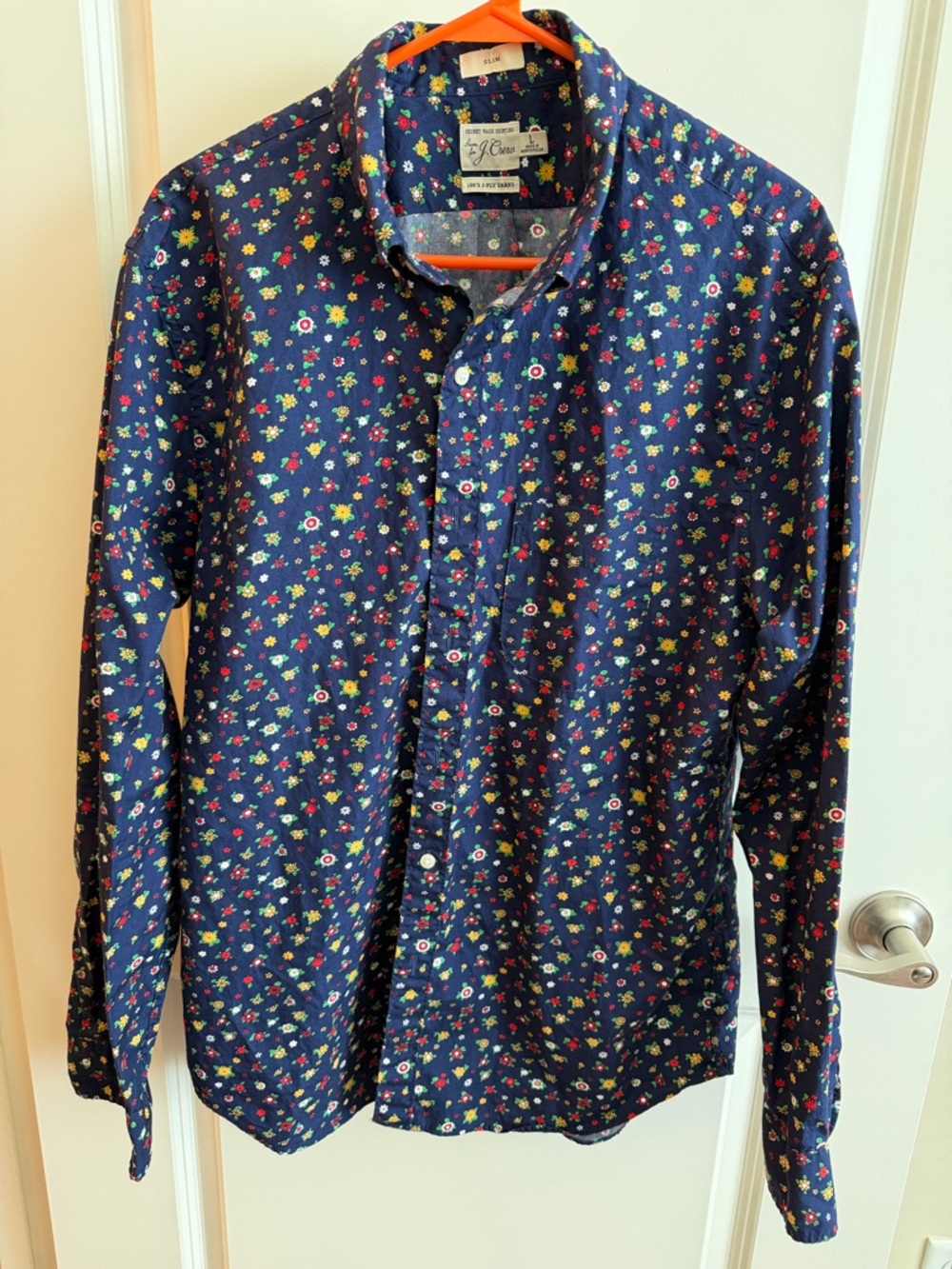 J. Crew Navy Floral Button-Down Shirt with Multicolor Blooms Size: Large Slim